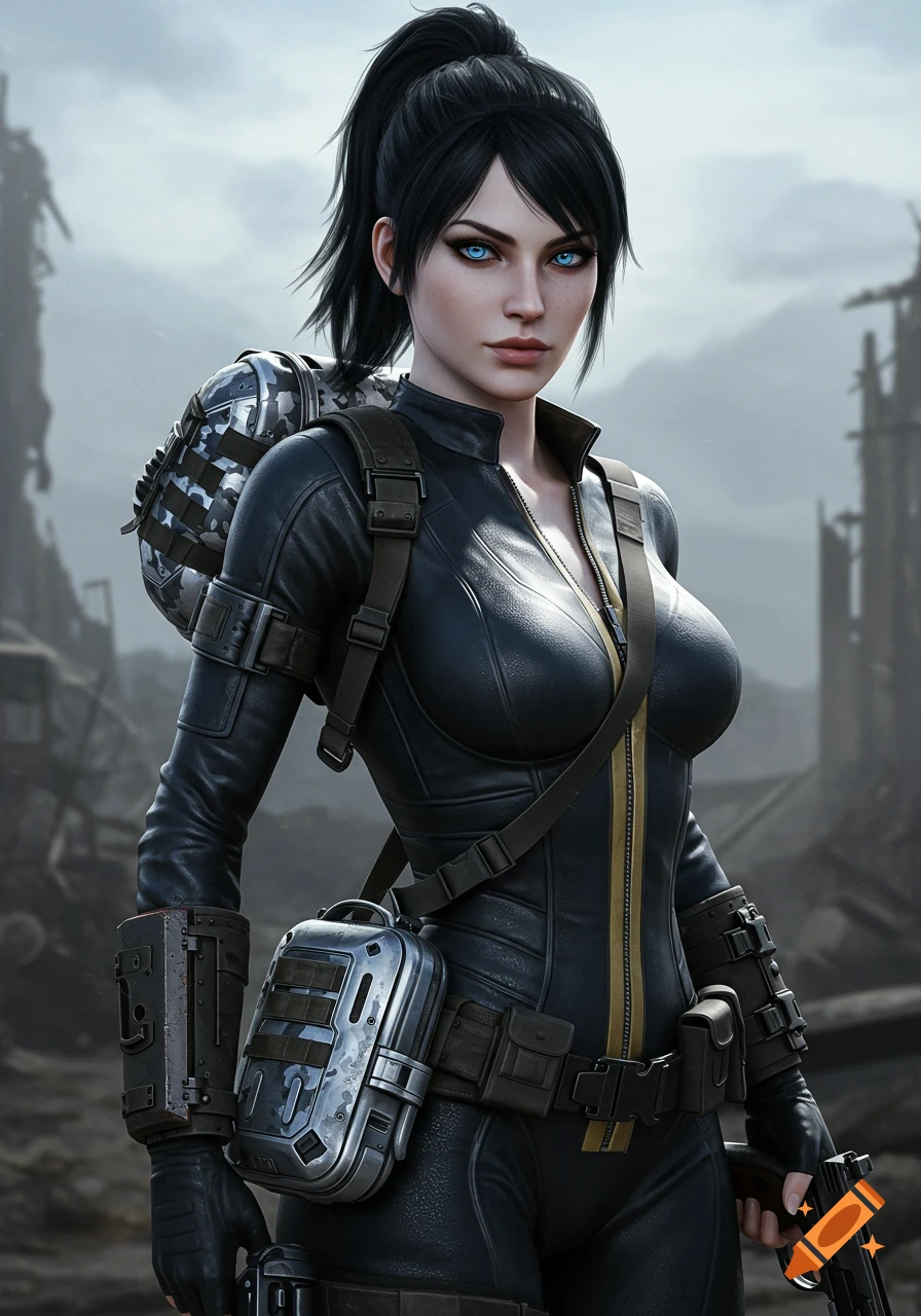 A woman with a black ponytail and blue eyes in a black, unzipped Vault Suit holds a pistol in a post-apocalyptic scene.