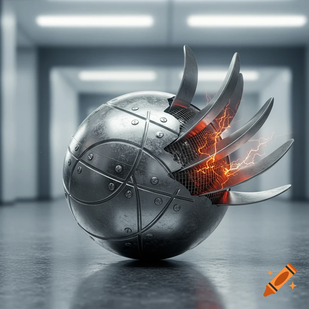Photorealistic metallic sphere with sharp blades, mesh, and glowing orange electricity, on a reflective floor in a blurred hallway.