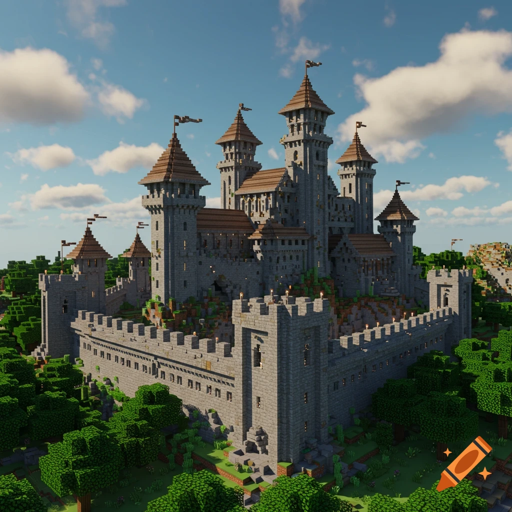 An epic Minecraft-style medieval fortress with multiple towers, battlements, and stone walls, surrounded by green trees under a blue sky.