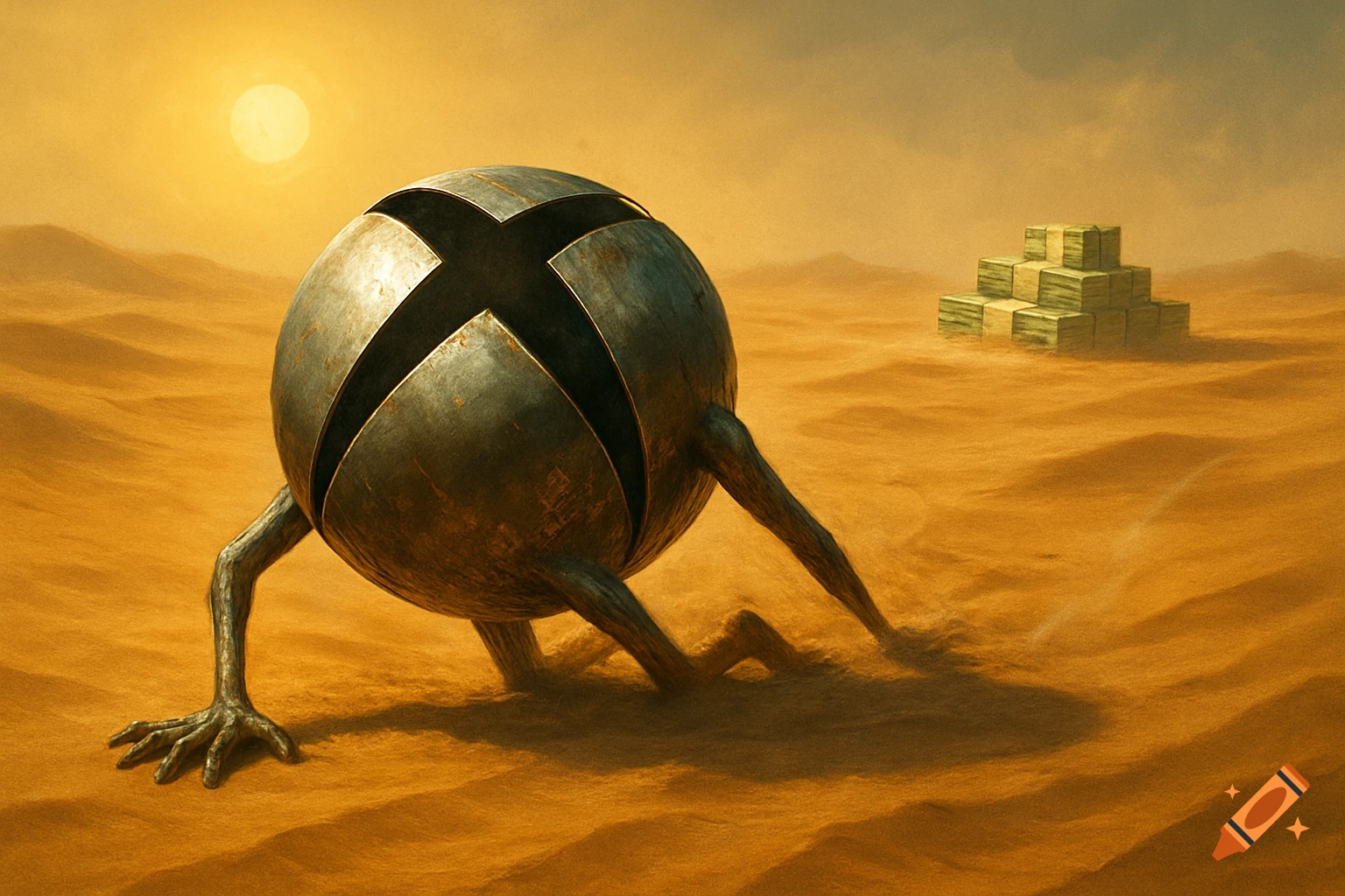 A metallic Xbox logo creature with limbs crawls across an orange desert towards a pyramid of stacked money under a hazy sun.