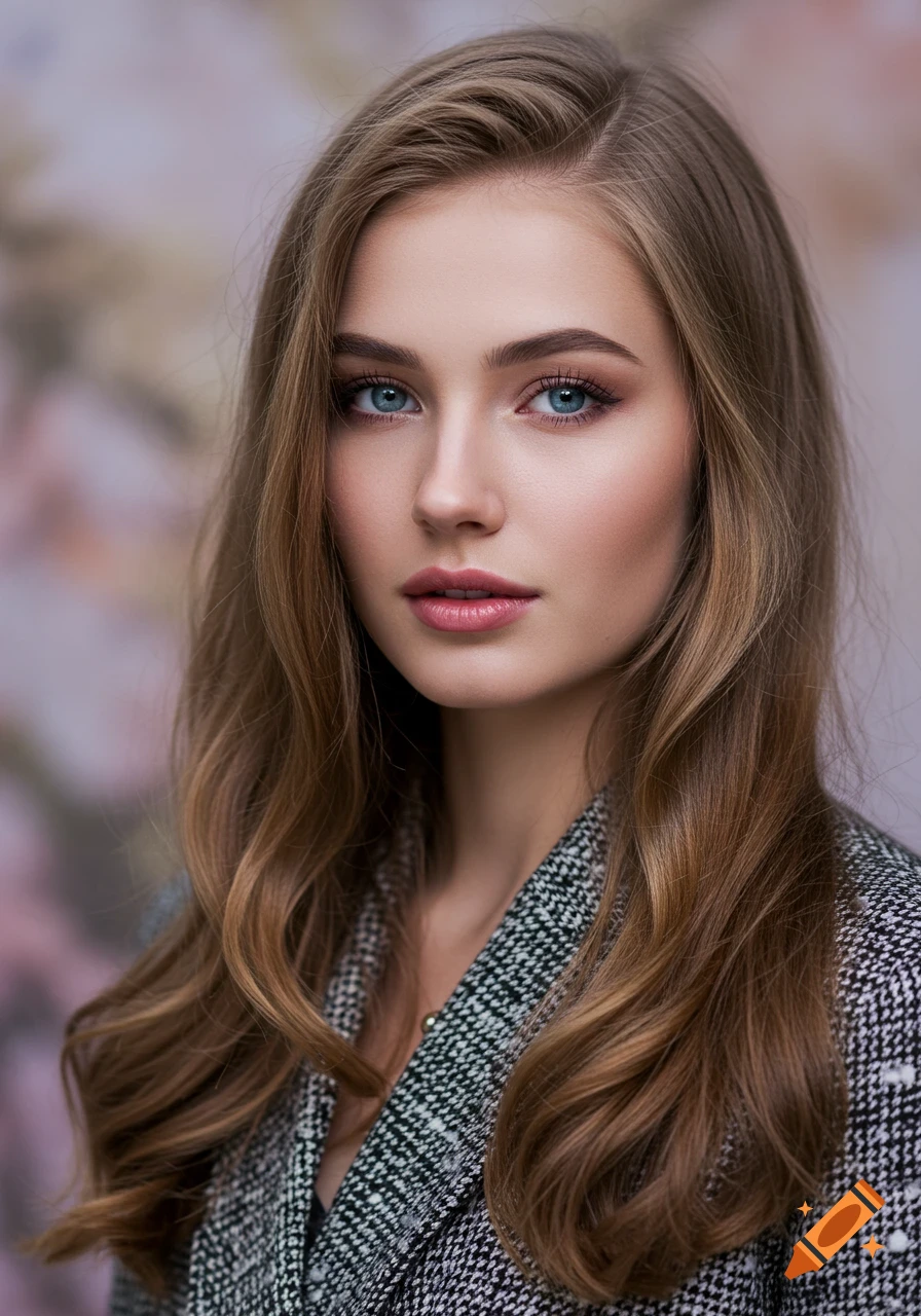 A close-up, photorealistic portrait of an elegant young woman with long wavy brown hair and blue eyes, wearing a black and white tweed jacket, looking directly at the viewer.