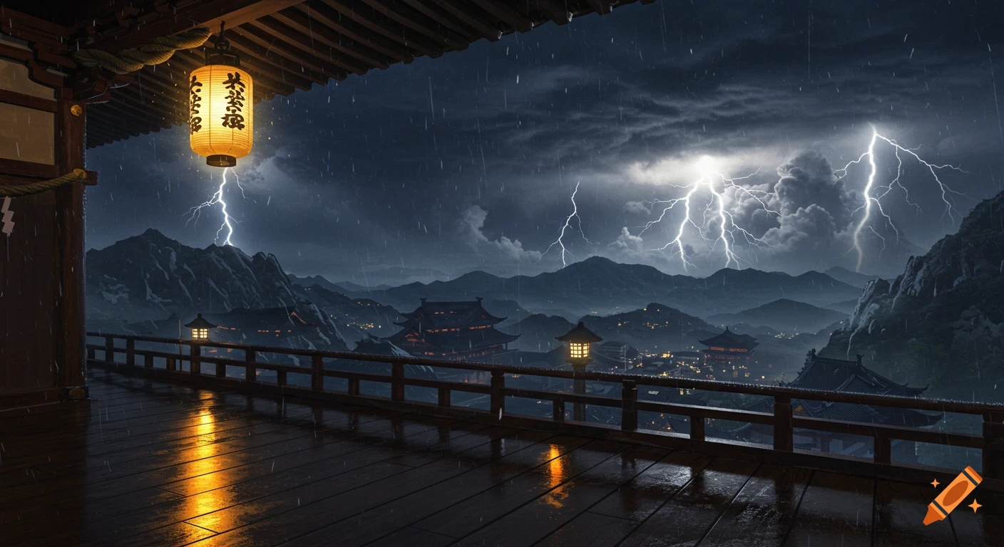 View from a Japanese mountain shrine, with a lit lantern, over a valley of traditional buildings during a stormy night with lightning.
