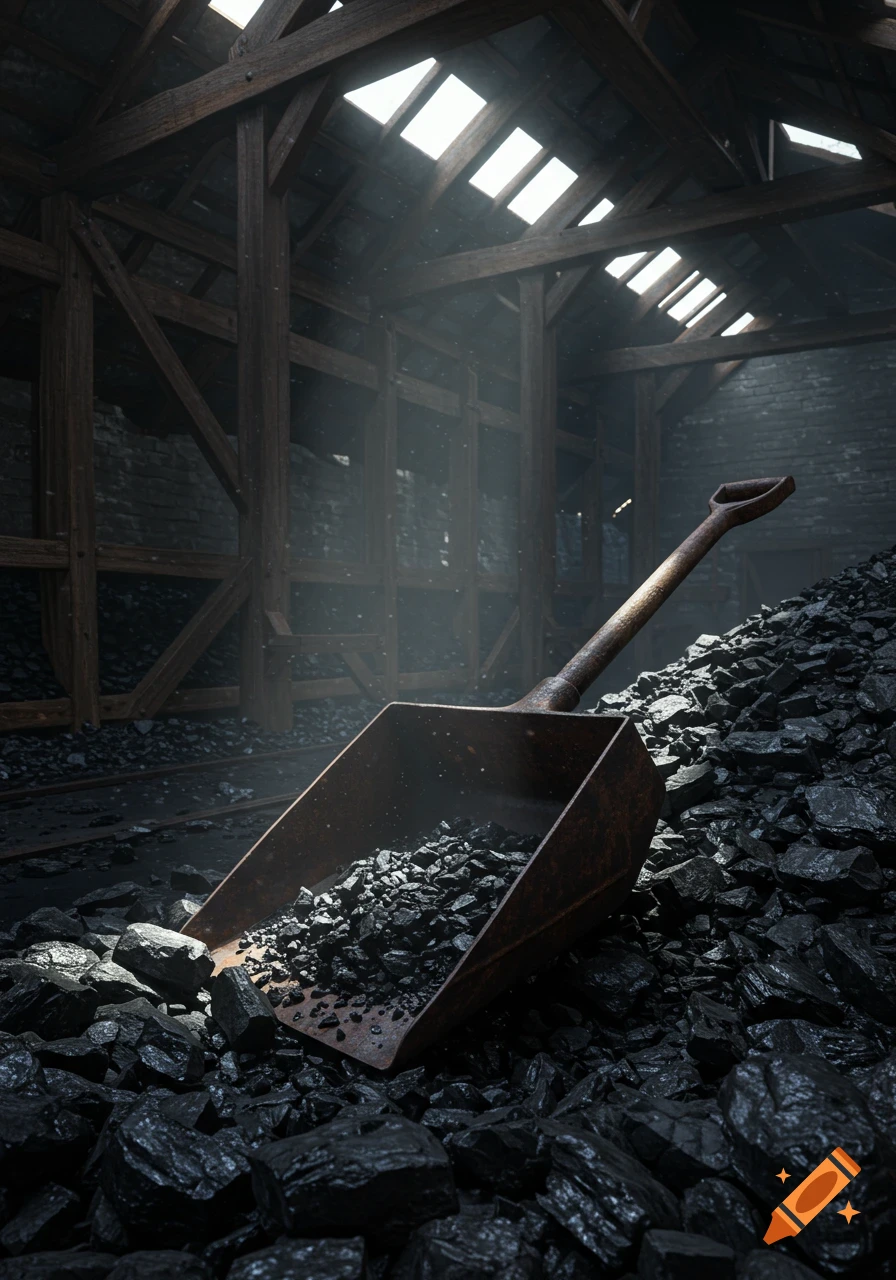 A rusty coal shovel rests on a large pile of coal in a dimly lit, dusty industrial building with wooden beams and skylights.