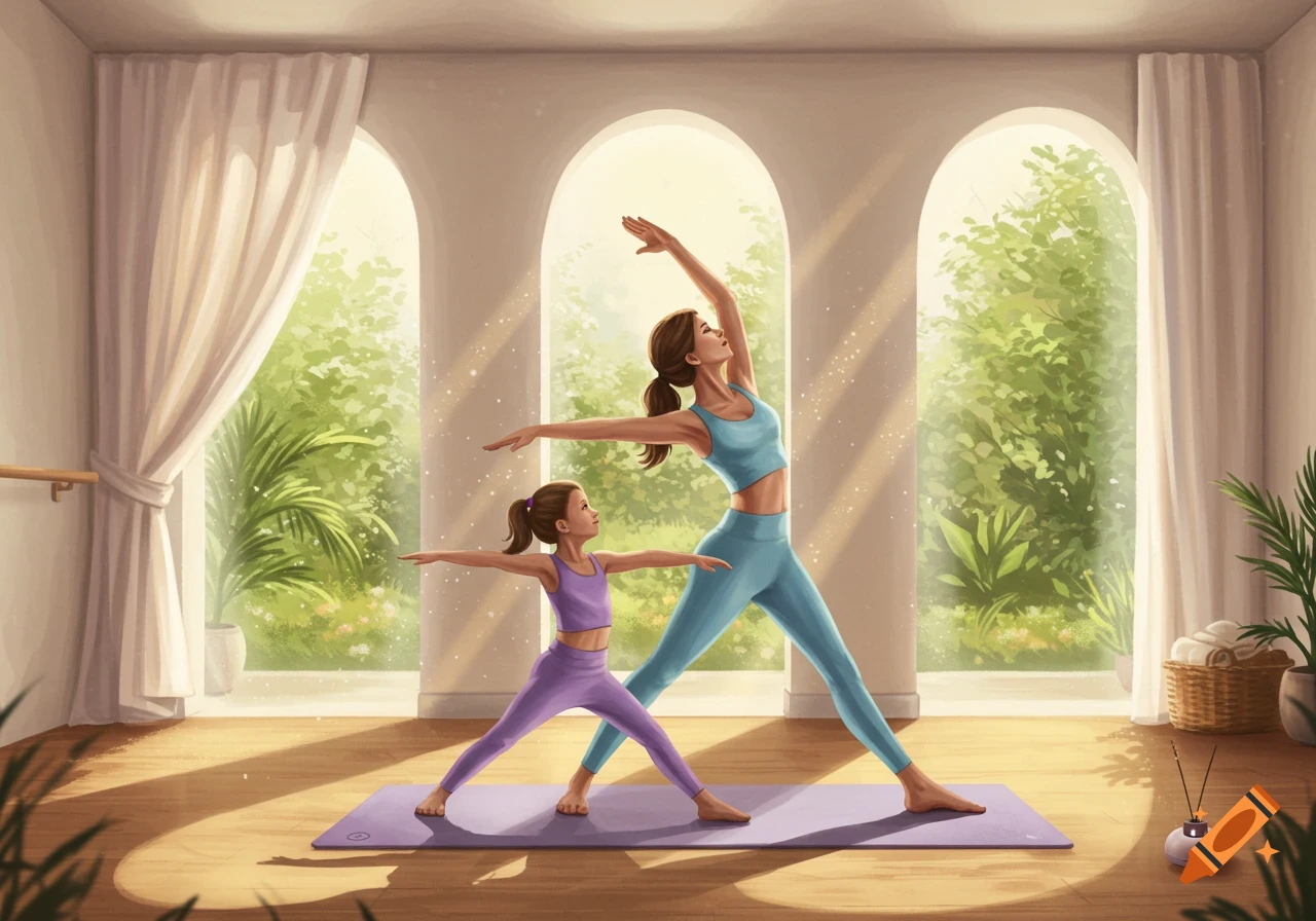 An illustrated mother and daughter doing yoga in a bright studio with arched windows overlooking greenery.