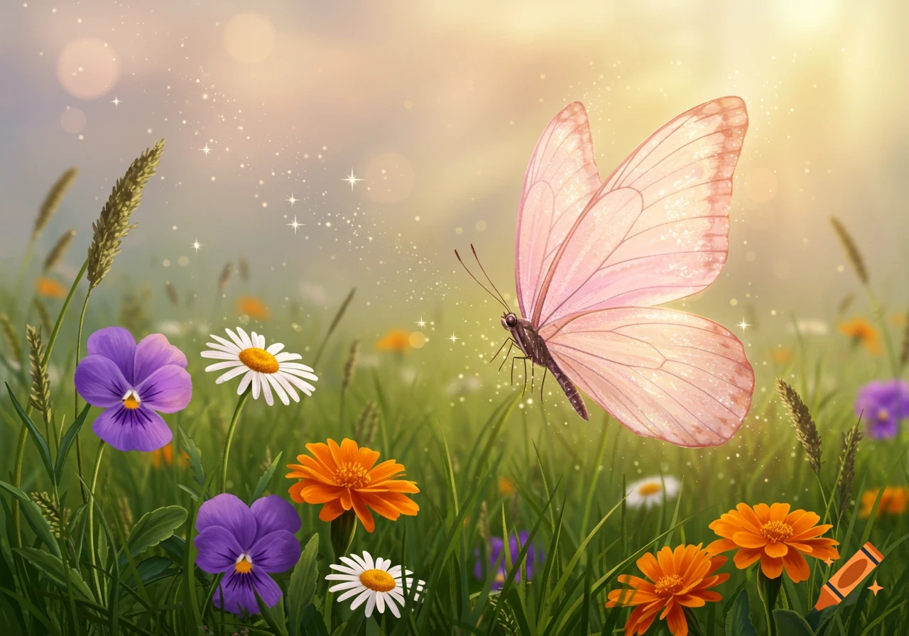 A pink-winged butterfly hovers over a vibrant field of purple, white, and orange flowers under a bright, magical sky.