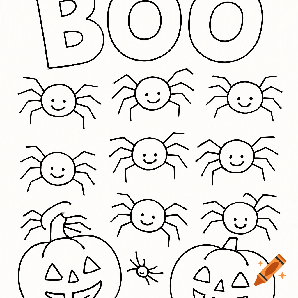 A black and white Halloween coloring page with the word "BOO" at the top, many smiling spiders, and two grinning jack-o'-lanterns.