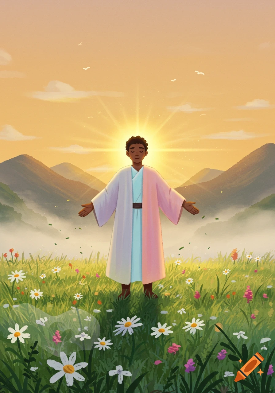 Illustrated person in a bicolored robe stands with arms open in a flowery meadow at sunrise with mountains.