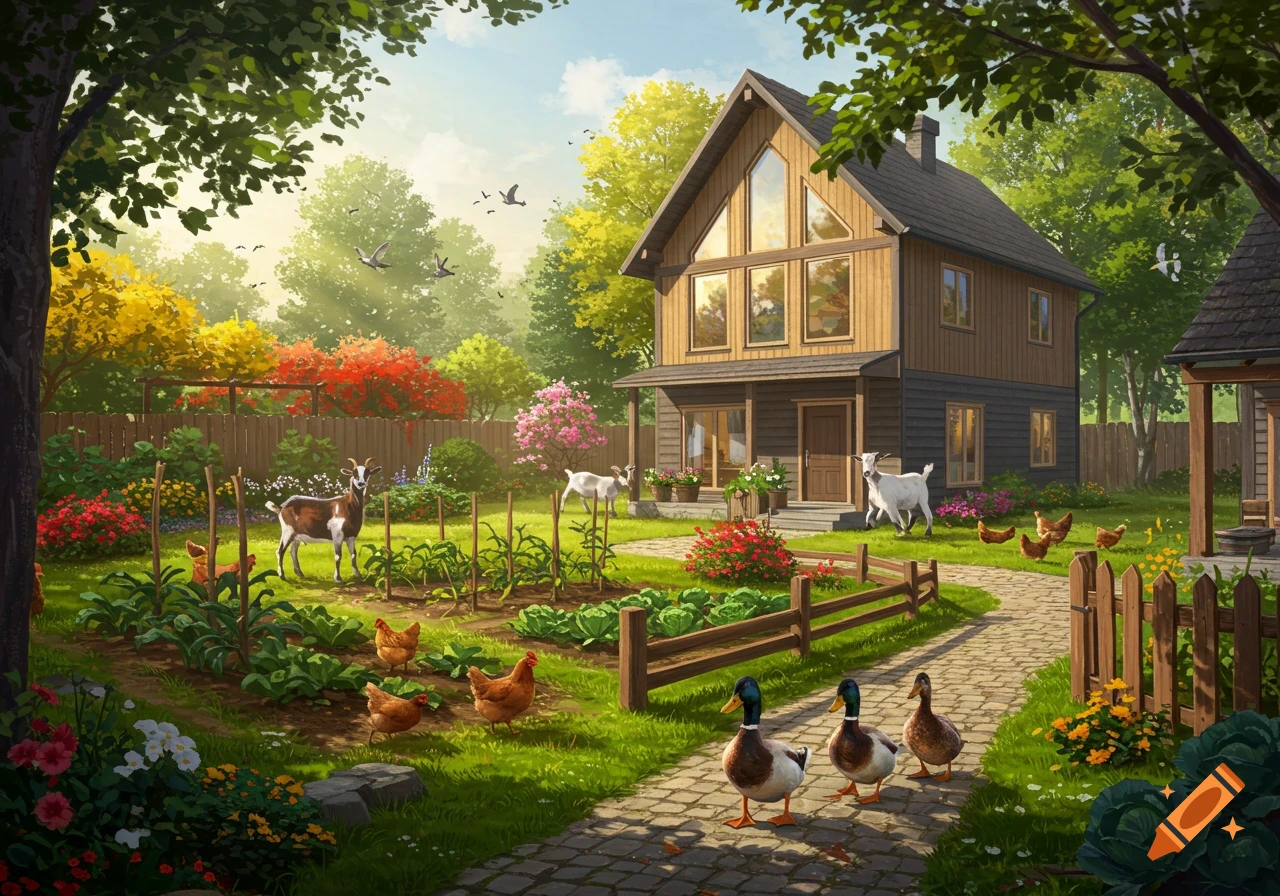 A vibrant illustration of a modernized farmhouse, vegetable garden, and diverse farm animals including goats, chickens, and ducks.