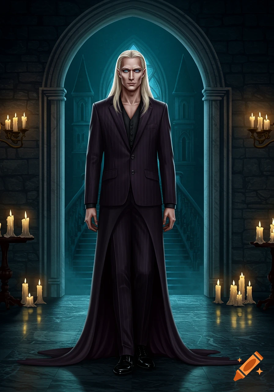 An illustration of a tall man with long blond hair and pointy ears, wearing a dark pinstriped suit with a flowing coat, standing in a candlelit gothic hall.