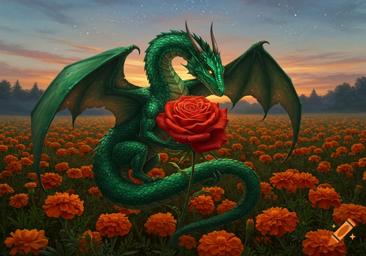 A majestic emerald green dragon coils around a large red rose in a field of bright orange marigolds under a twilight sky with a painterly fantasy style.