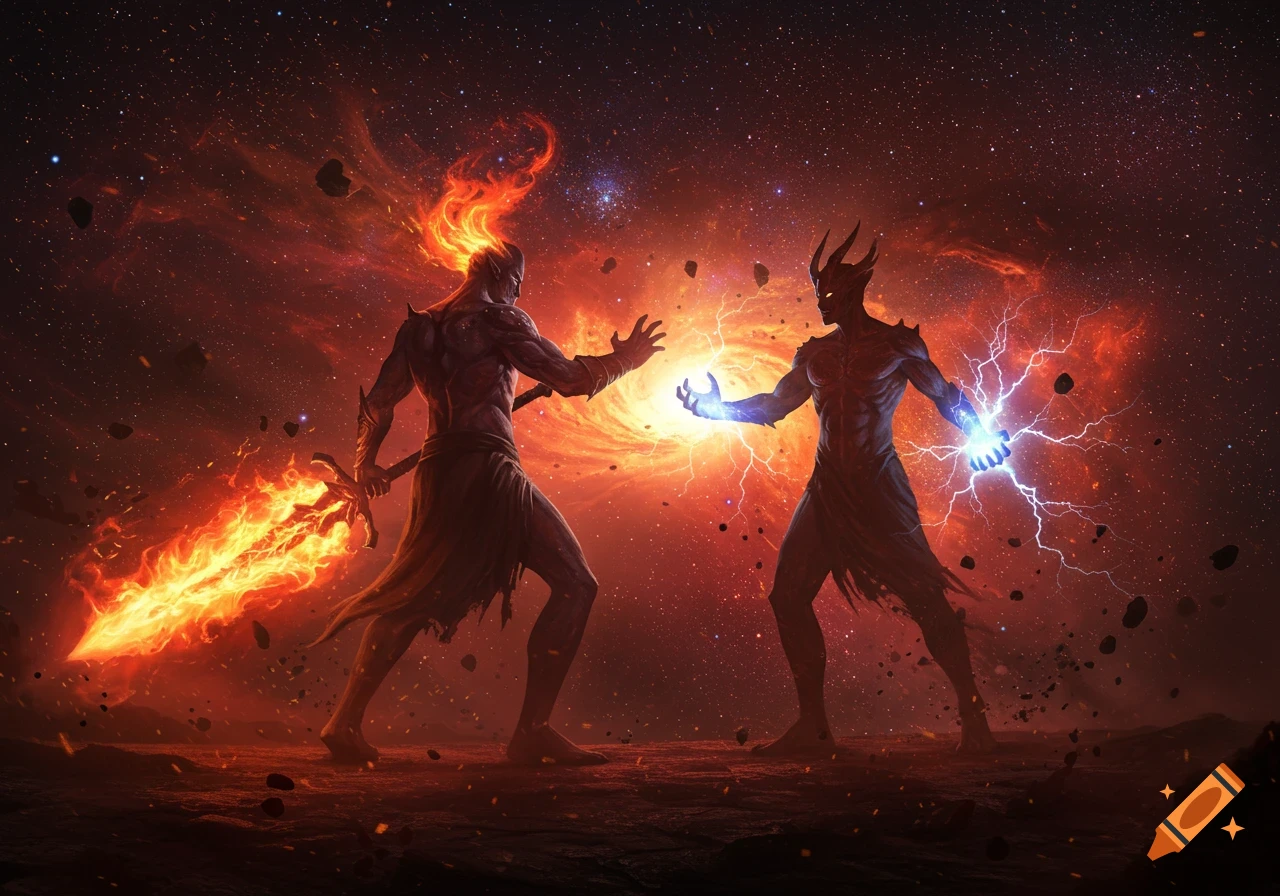 Two cosmic beings, one fiery with a sword, one electric, confront each other in a vibrant red cosmic setting.