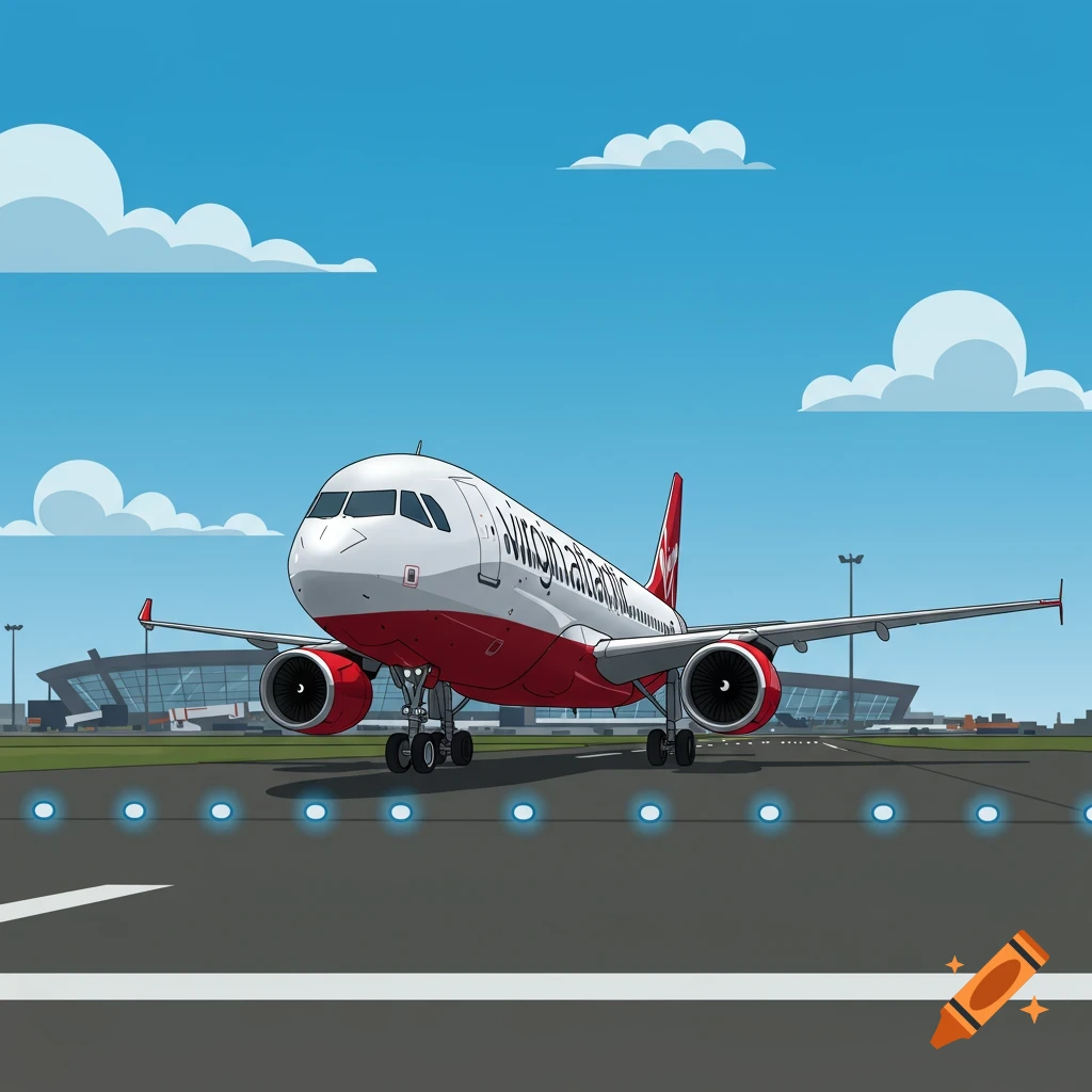 Cartoon of a red and white Virgin Atlantic airplane on an airport runway with clouds in a blue sky.