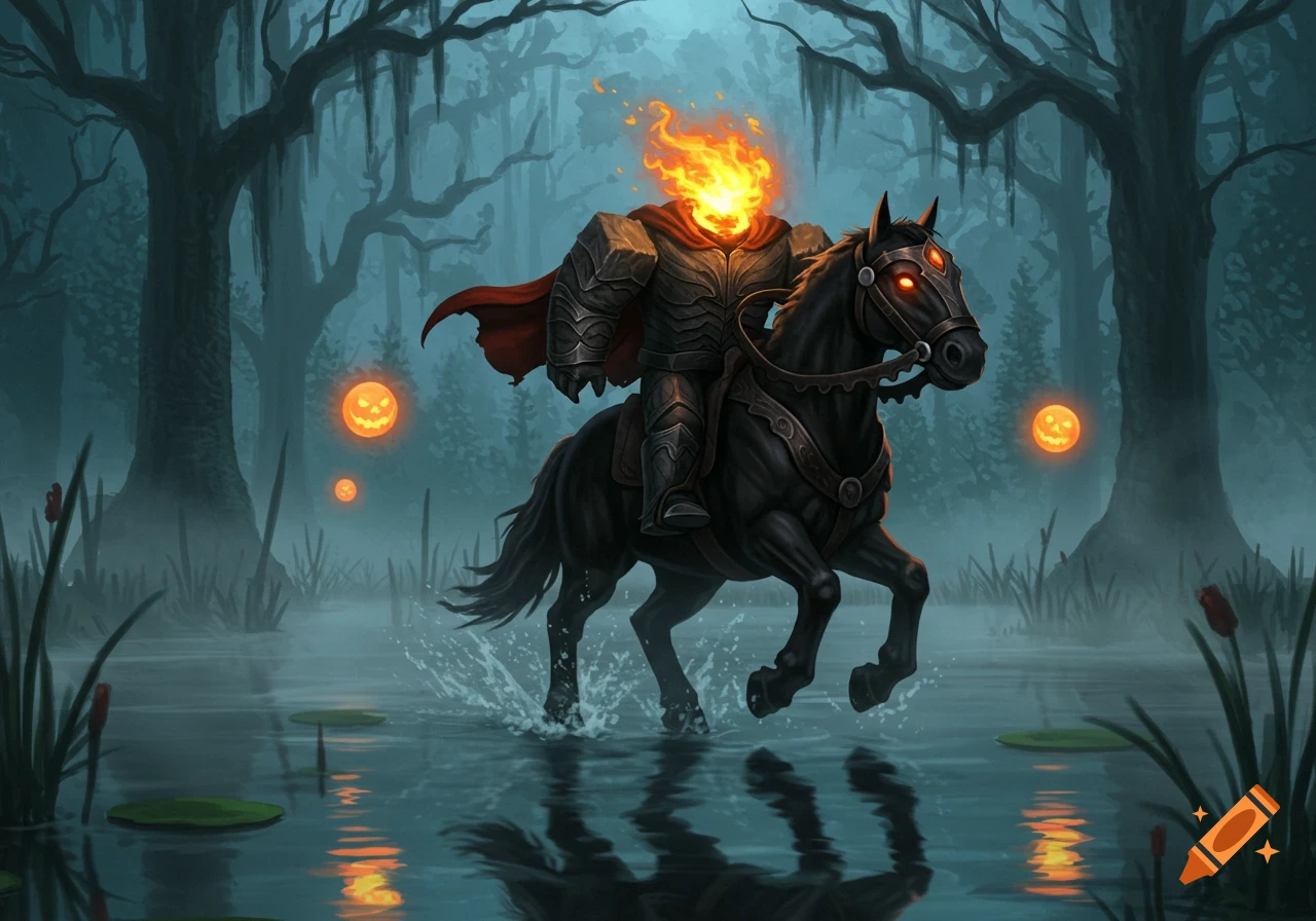 Headless knight with a flaming head rides a black horse through a misty, moonlit swamp with glowing jack-o'-lanterns.