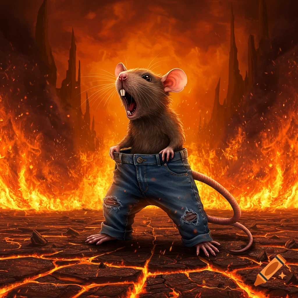 A brown rat in ripped jeans screams, standing on cracked lava ground with flames and dark spires in the background. Digital art.