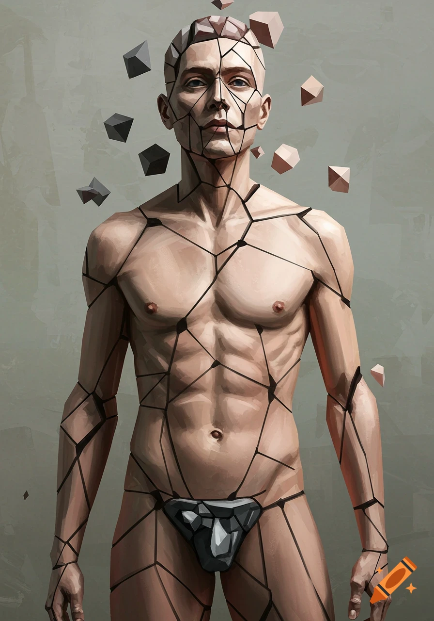 A cubist-style portrait of a male figure with his body geometrically fragmented by black lines, with geometric shapes floating around him.