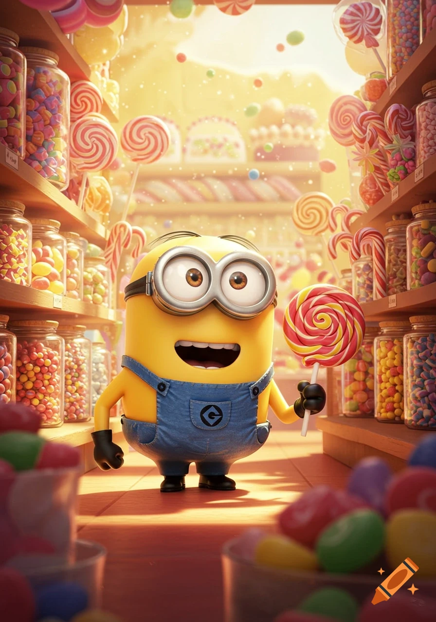 A cheerful Minion character stands in a colorful candy store, holding a large swirl lollipop.