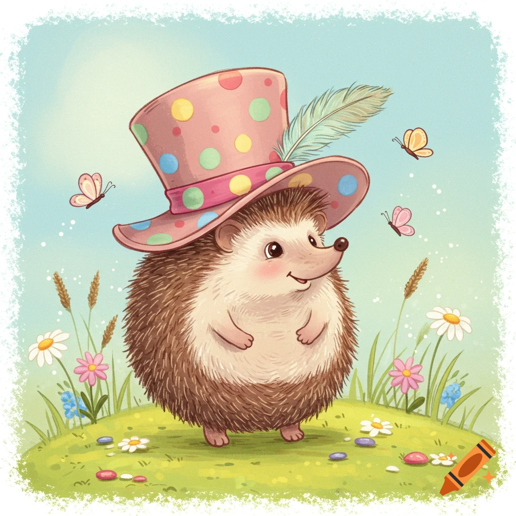 Whimsical cartoon illustration of a cute hedgehog wearing a pink polka-dotted hat with a feather, standing in a field of flowers with butterflies.