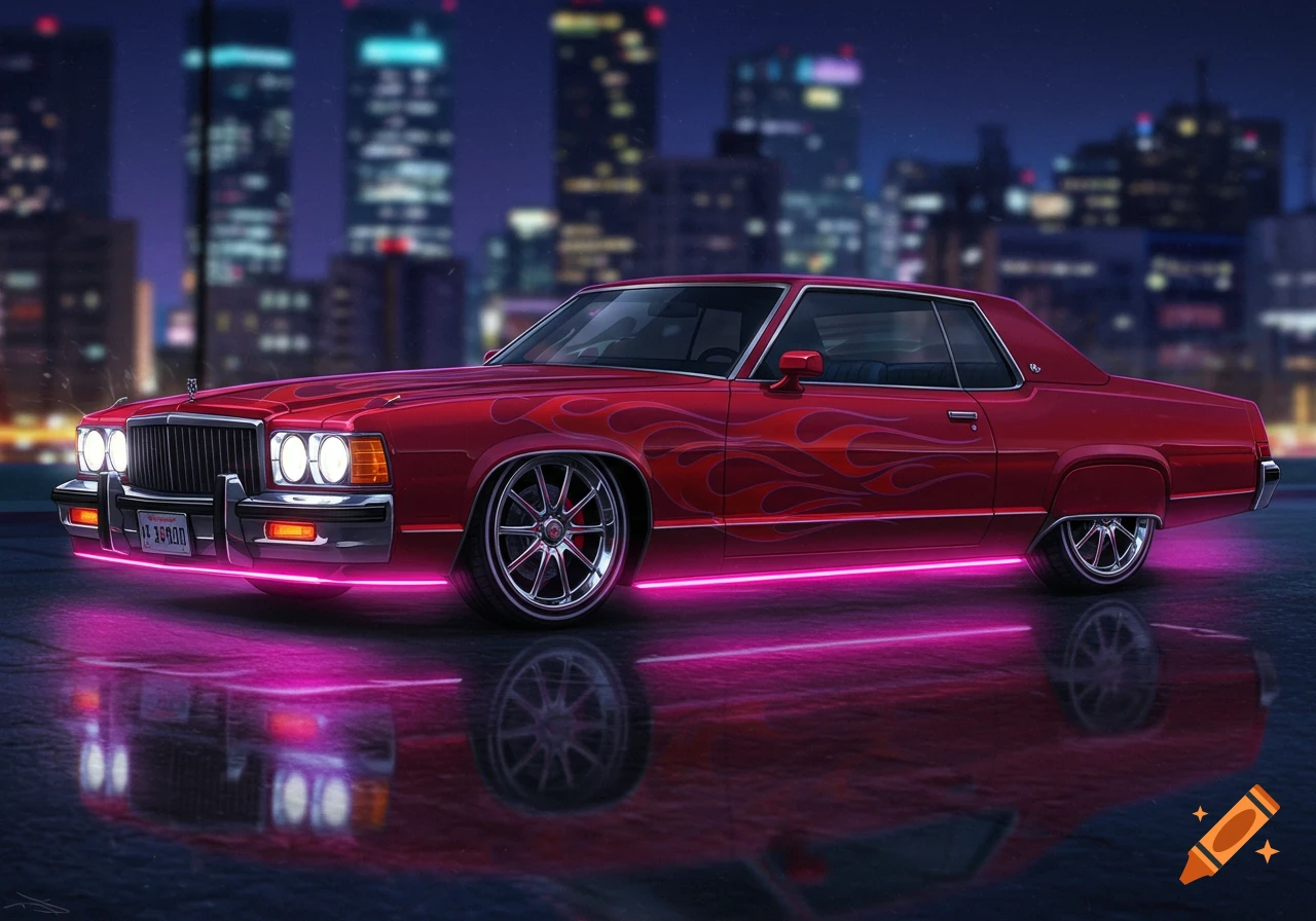 A vibrant red lowrider car with flame decals and pink neon underglow is parked on a wet city street at night.