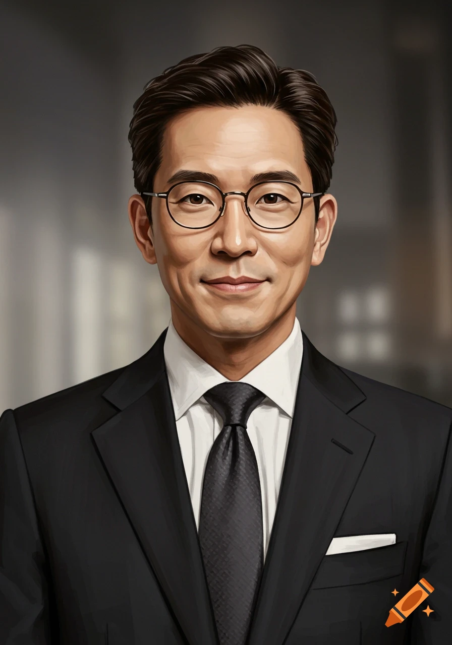 A professional portrait of an Asian man in a black suit, white shirt, and black tie, wearing glasses, smiling gently against a blurred office background.