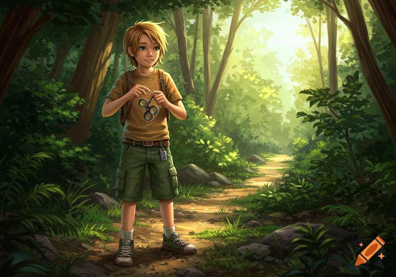 A blonde boy with a backpack stands on a sunlit forest path, holding a fidget toy, in an illustrative style.