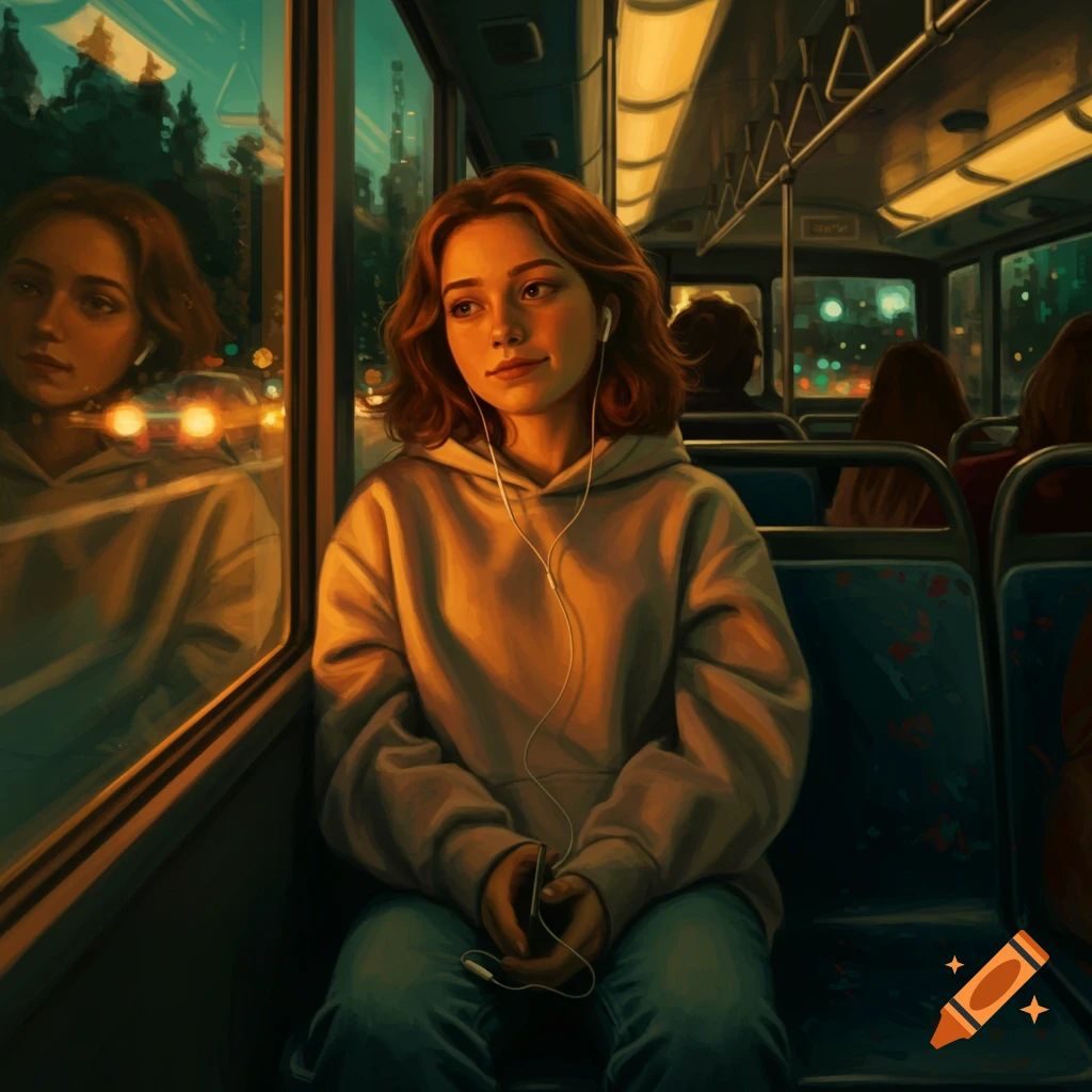 A red-haired girl with headphones looks out a bus window at night, city lights reflecting in the glass, in a realistic painting style.
