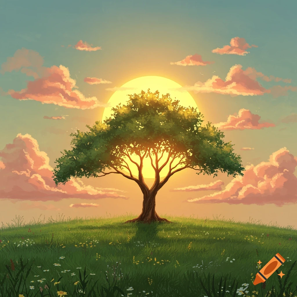 A vibrant illustration of a green tree silhouetted against a large yellow sun, on a grassy hill with pink clouds in a blue sky.
