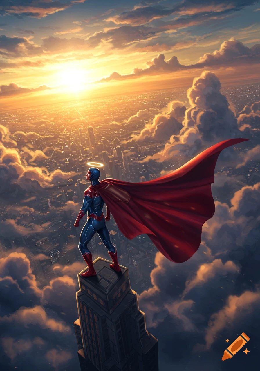 A superhero in a blue and red suit with a flowing red cape stands atop a skyscraper, looking over a city at a golden sunset.