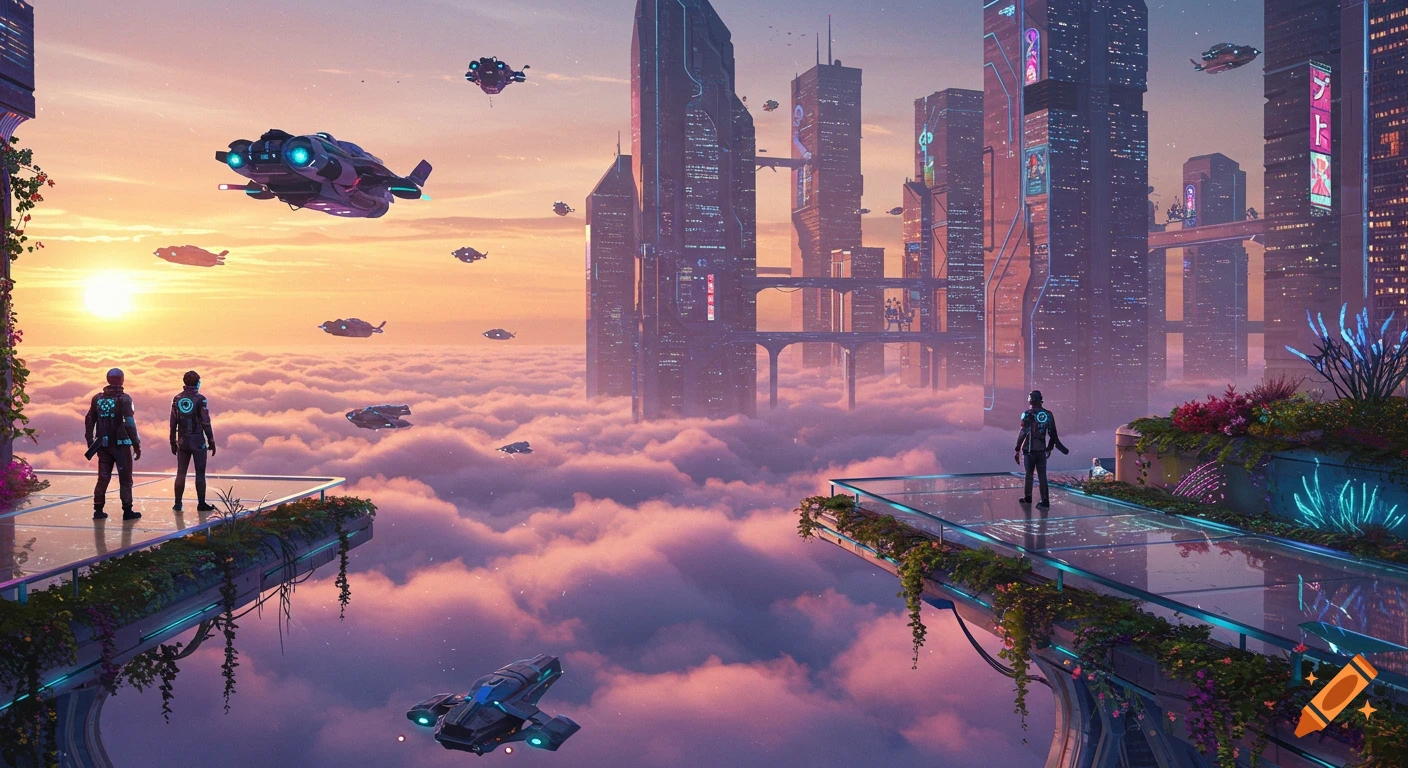 A vibrant cyberpunk city floats above clouds at sunset, with neon-lit skyscrapers, flying vehicles, and people on transparent platforms.