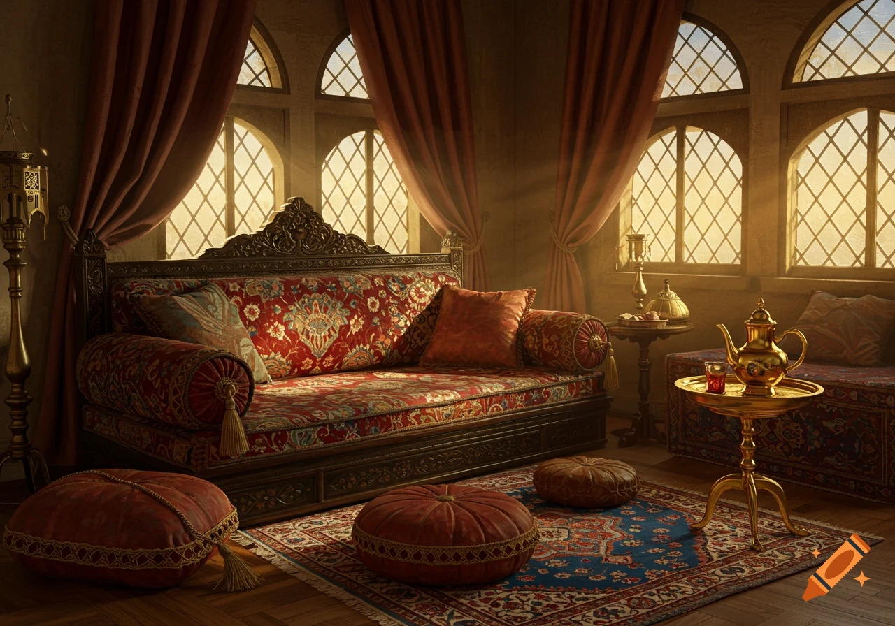 Opulent room with red patterned Ottoman daybed, floor cushions, and a gold teapot, bathed in warm light from arched windows.