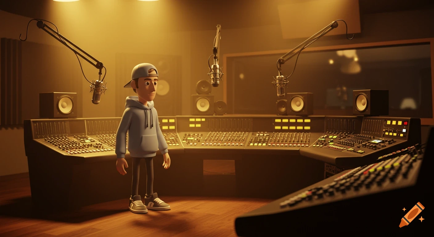 3D cartoon character in a modern recording studio with warm light, surrounded by mixing consoles, microphones, and speakers.