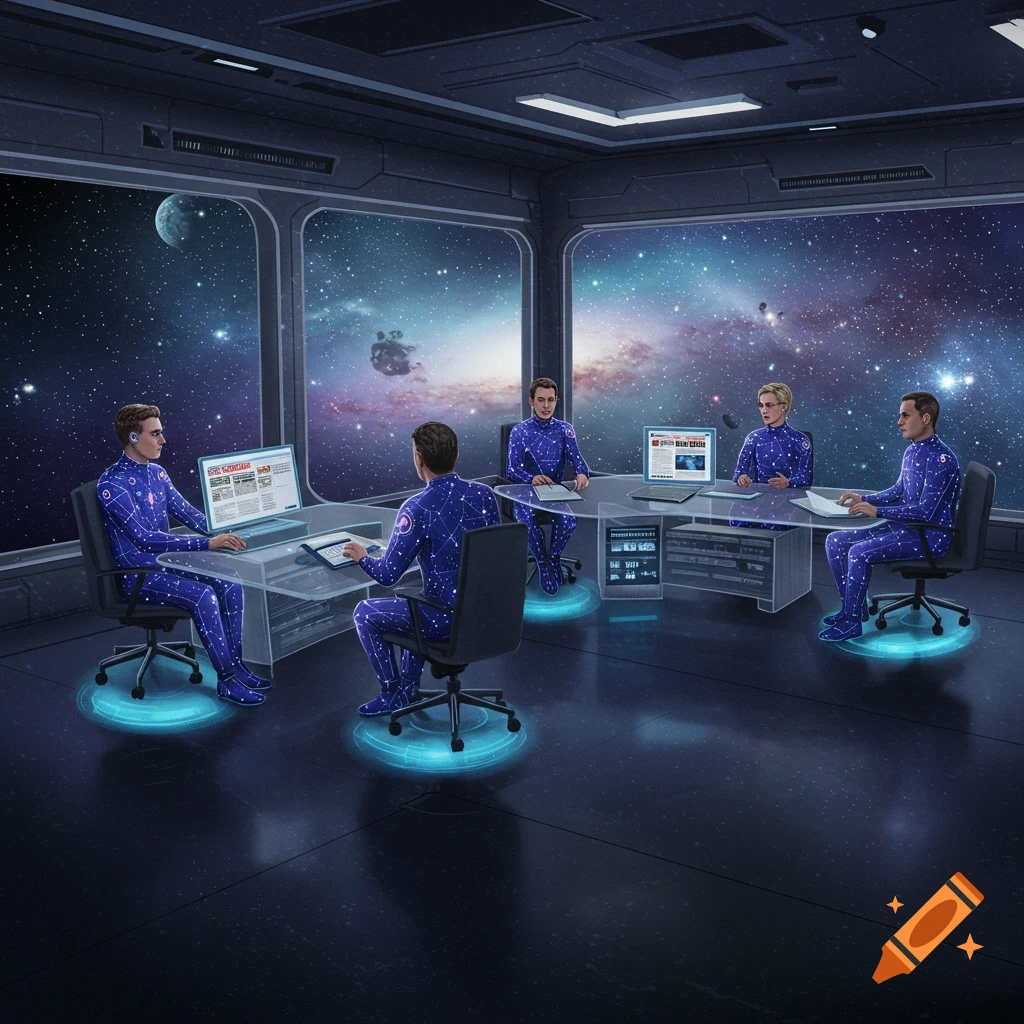 Five people in futuristic blue suits meet in a spaceship conference room, looking out at a starry galaxy.