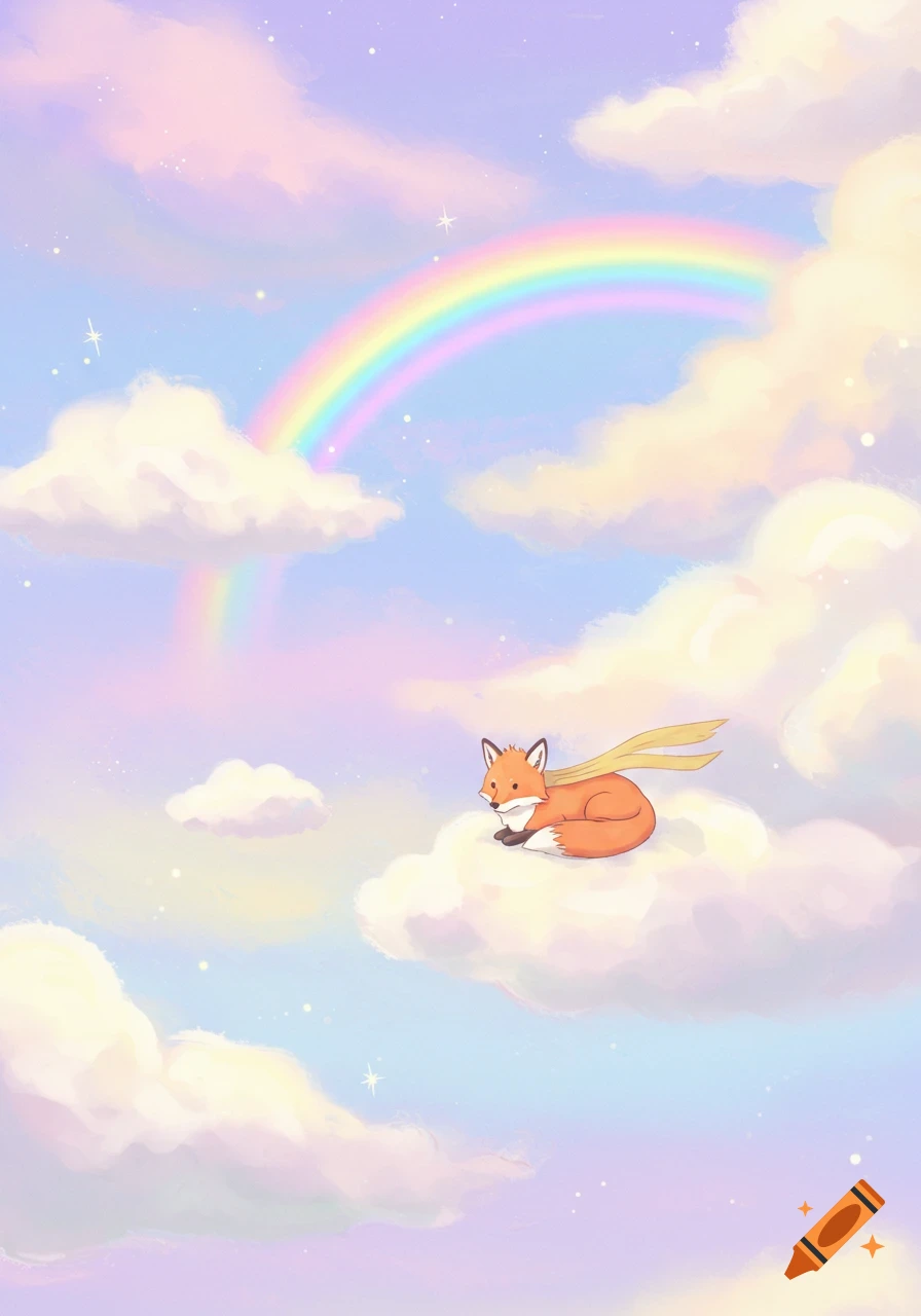A cute orange fox with a yellow scarf sits on a cloud in a pastel sky with a rainbow, in a whimsical cartoon style.
