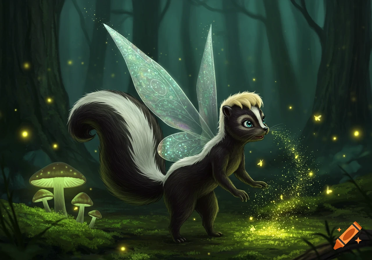 A cartoon skunk with translucent fairy wings stands in a magical forest, emitting glowing sparkles, with luminous mushrooms and fireflies.