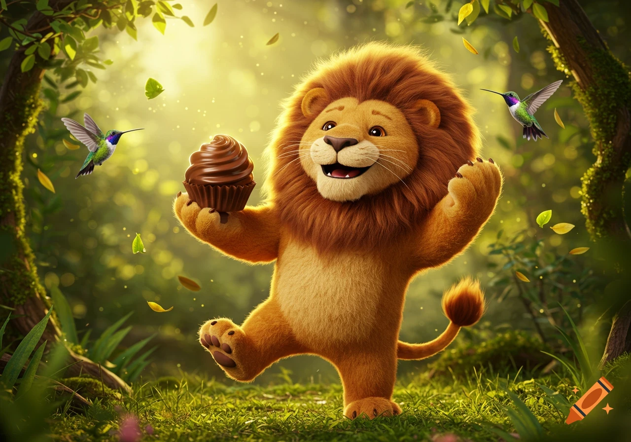A happy cartoon lion holds a chocolate cupcake in a vibrant, sunlit jungle with hummingbirds.