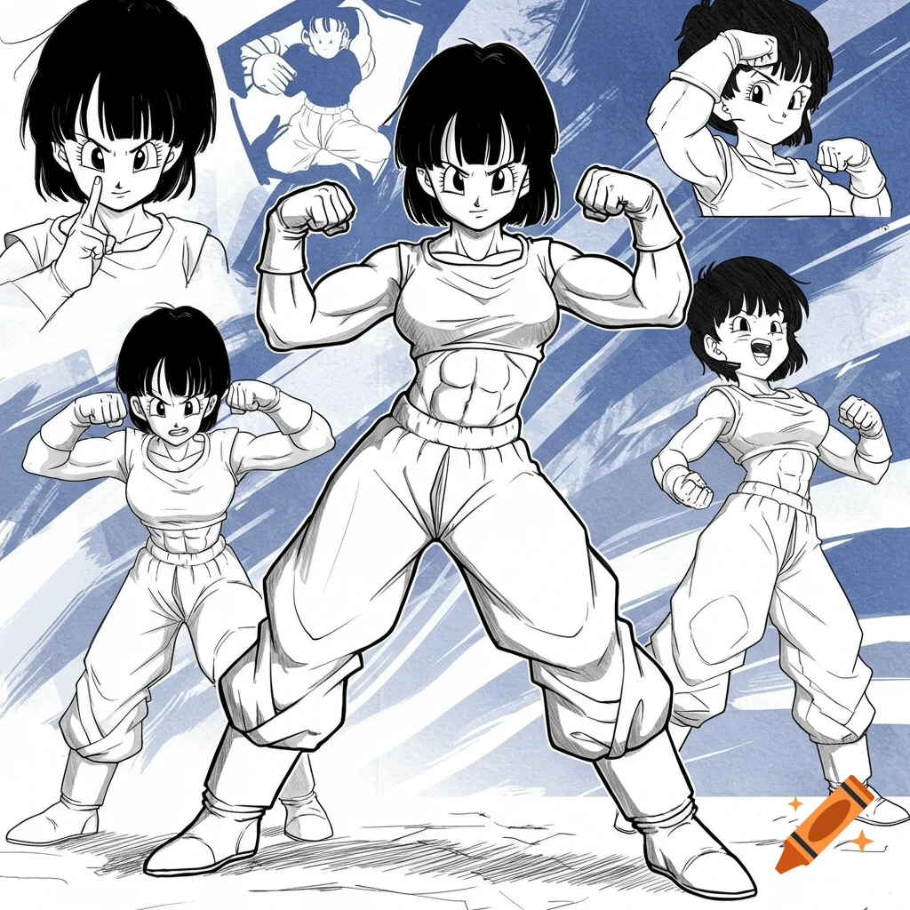 Black and white manga-style illustration of Videl from Dragon Ball Z in various poses, flexing her muscular arms and abs against a blue and white background.