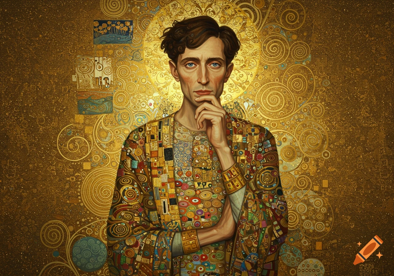 Portrait painting of a man with blue eyes and patterned gold robe, in the ornate Art Nouveau style of Gustav Klimt.