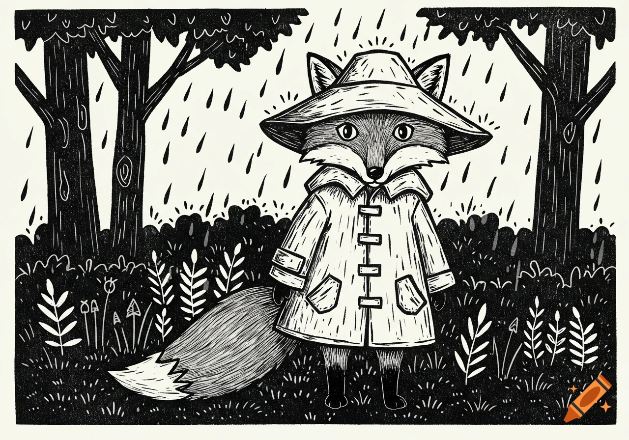 A cute fox in a raincoat and hat stands in a rainy forest, illustrated in a black and white linocut style.