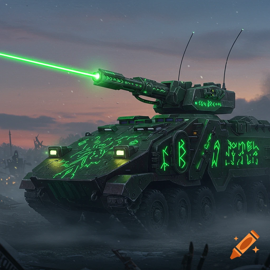 Dark green futuristic armored personnel carrier with glowing green runes and a laser cannon firing a green beam across a snowy battlefield at dusk.