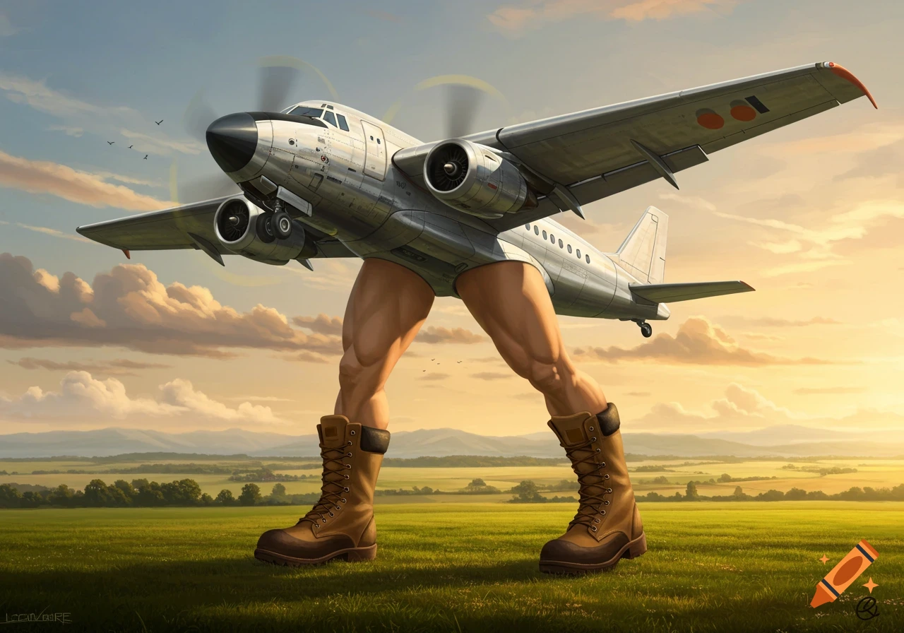 A surreal photorealistic airplane with muscular human legs in brown boots, standing in a green field at sunset.