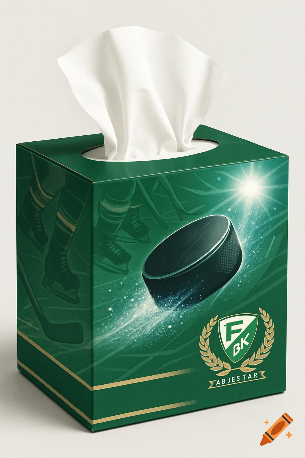 A green tissue box with a hockey puck, stylized hockey players, and a "F BK" logo.