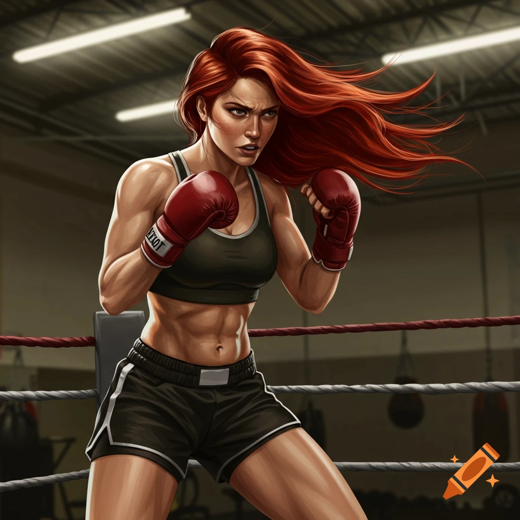 Red-haired female boxer in a sports bra and red gloves stands in a boxing ring in an illustrated, dynamic style.