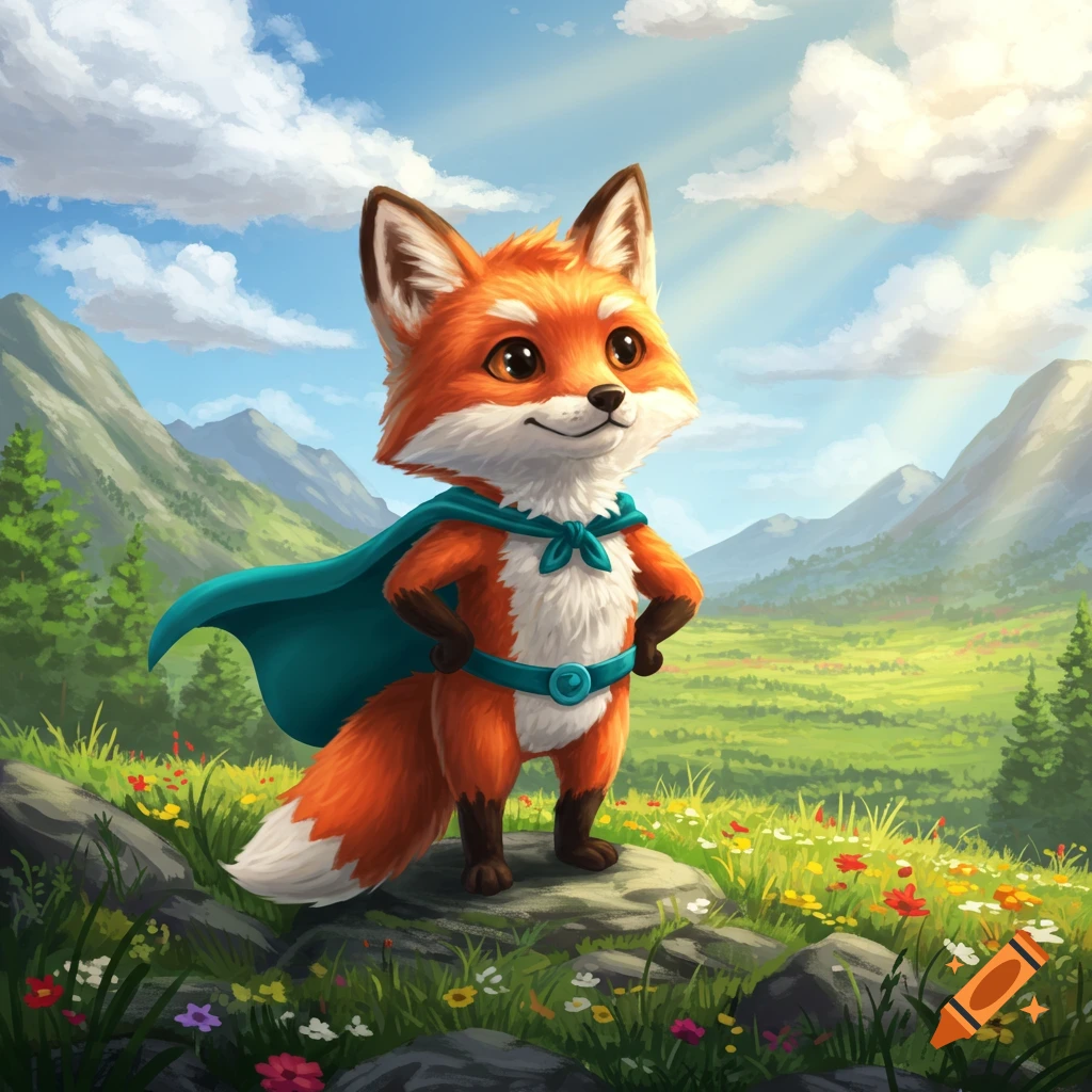 Cute cartoon fox superhero in a blue cape stands on a rock in a sunny mountain meadow with wildflowers.