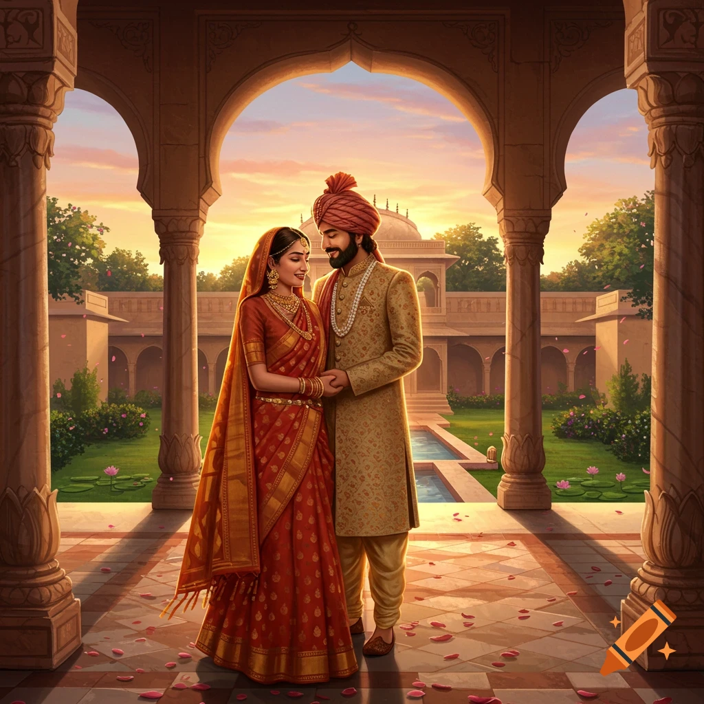 A photorealistic Indian couple in traditional attire holds hands under palace arches at sunset, rose petals on the ground.