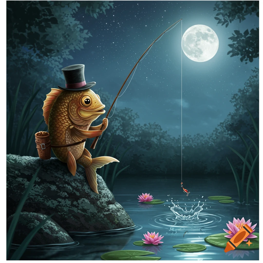 A cartoon fish in a top hat fishes from a rock in a moonlit pond with water lilies at night, illustrative style.