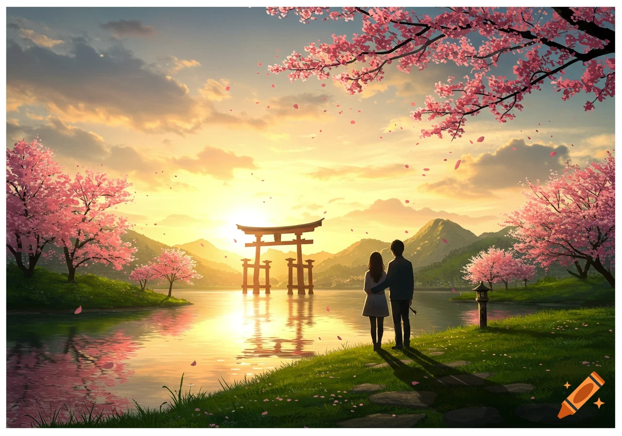 Anime couple stands by a lake, watching sunset over a Japanese landscape with a torii gate and cherry blossoms.