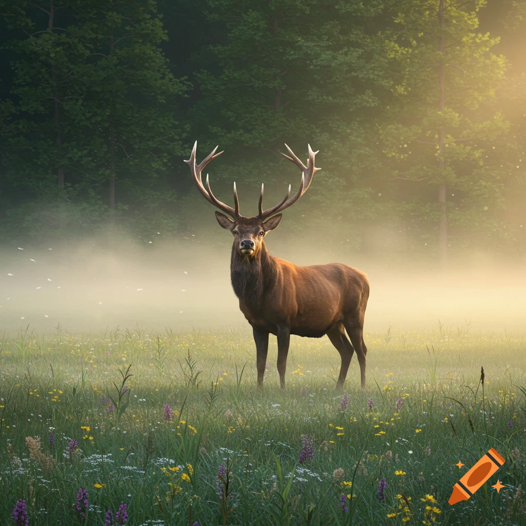 A majestic elk with large antlers stands in a sunlit, misty wildflower meadow with a dense forest background.
