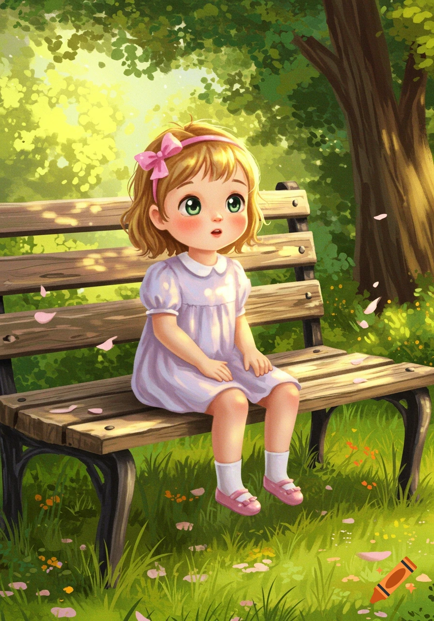 A cute cartoon girl with a pink bow and a lavender dress sits on a park bench surrounded by green trees and fallen petals.