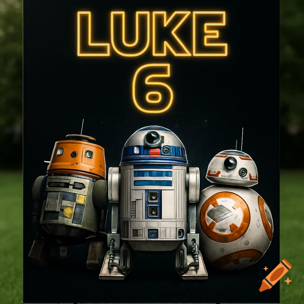 Three Star Wars droids, Chopper, R2D2, and BB8, stand on a black background with 'LUKE 6' in neon yellow text above them.