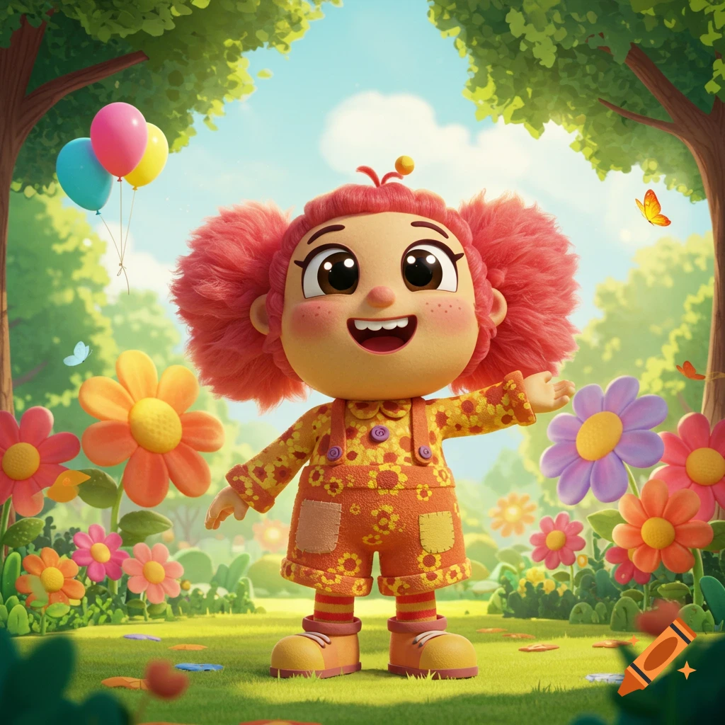 A cheerful animated character with pink fluffy hair and an orange floral outfit stands in a colorful garden with flowers, balloons, and butterflies.