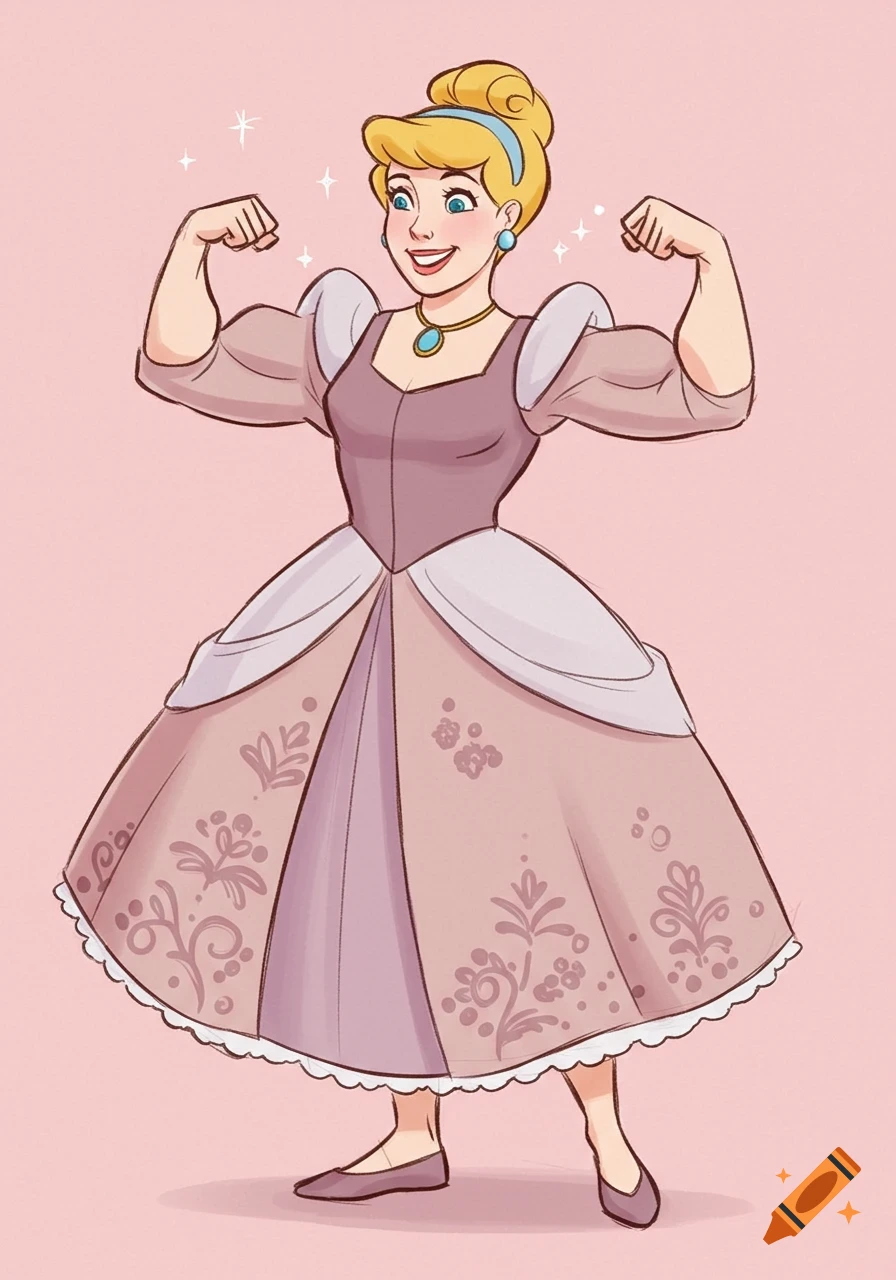 Cartoon Cinderella in a pink dress flexes her biceps, with sparkly effects around her arms, on a pink background.